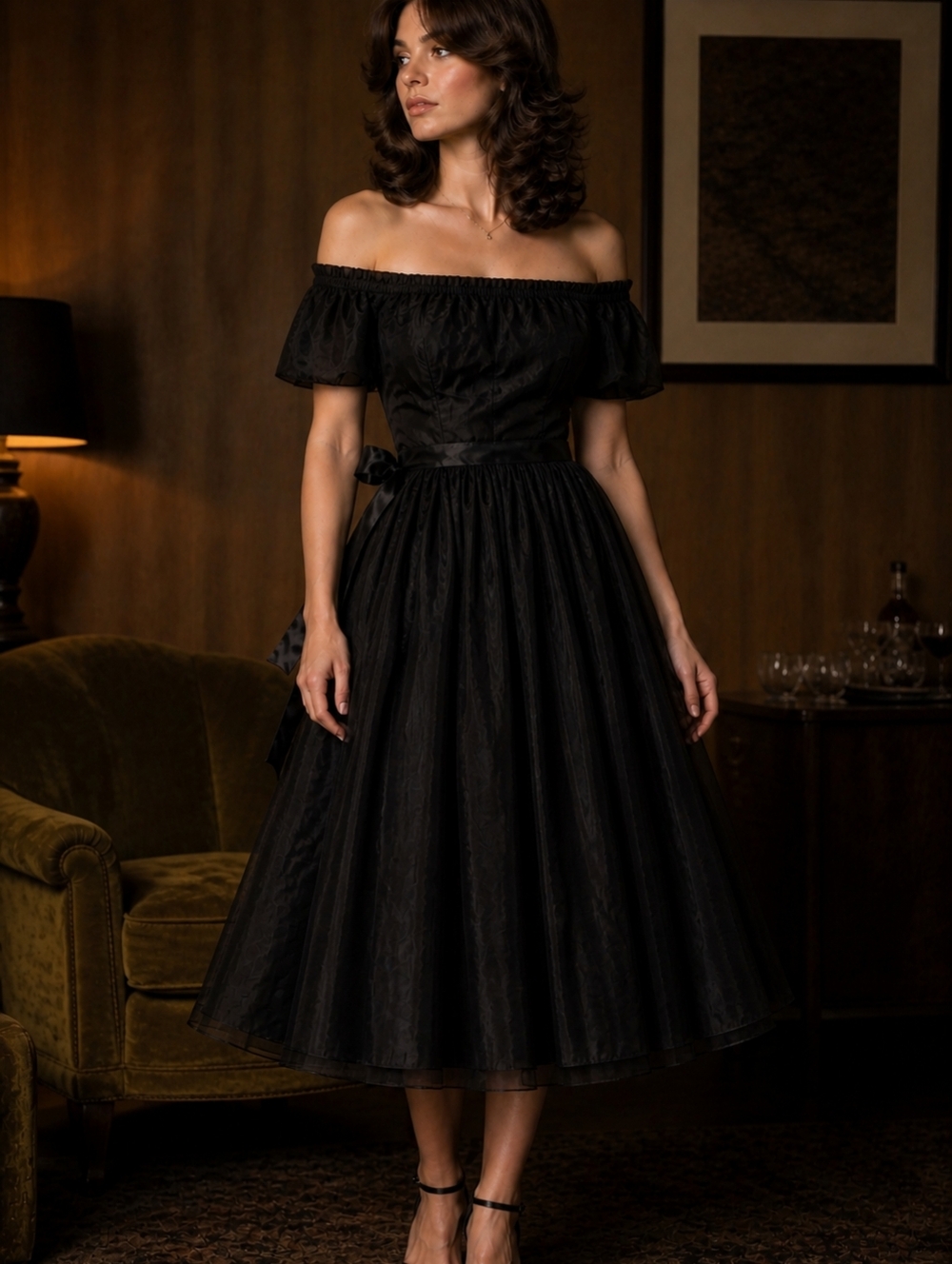 Vintage 70s 80s Cocktail Party Dress, layers chiffon, full midi skirt